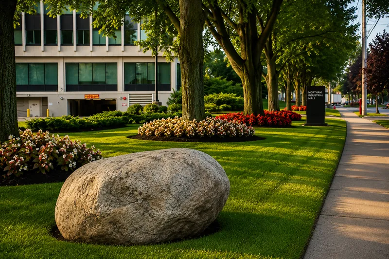 Campus walkway with feature boulder, mown lawn and mature tree canopy.