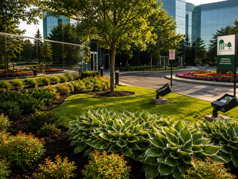 Maintained office campus grounds with mown lawn, hosta beds and layered planting beside the access road.
