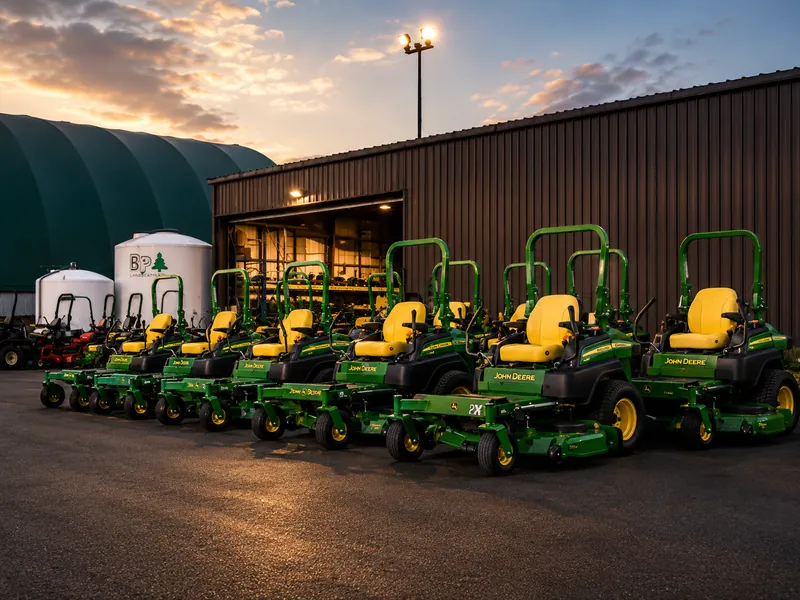 BP Landscaping's equipment fleet lined up outside the shop at dusk.