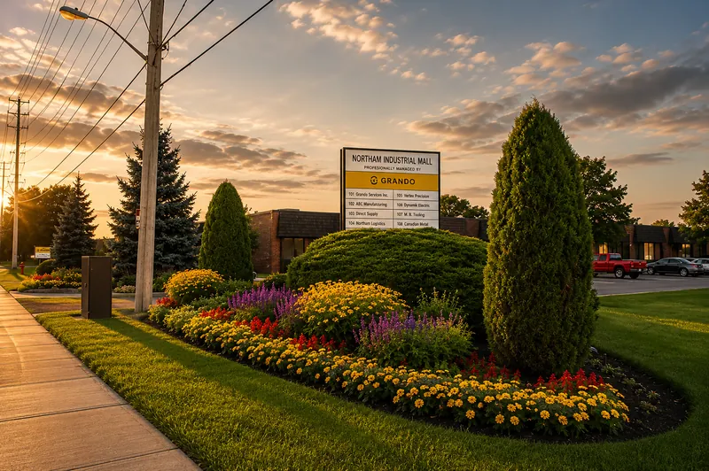 Industrial park entrance with signage, trimmed shrubs and seasonal planting at the roadside.