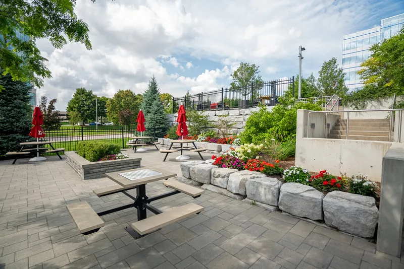 Landscaped terrace at an office complex with seating, planters and seasonal colour.